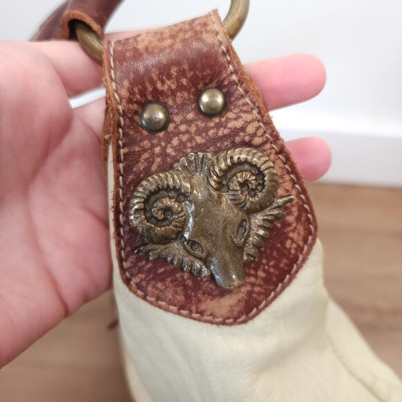 Vintage Browns Green Brown Shoulder Bag Purse Metal Bull Accents Braided Strap - Picture 8 of 12